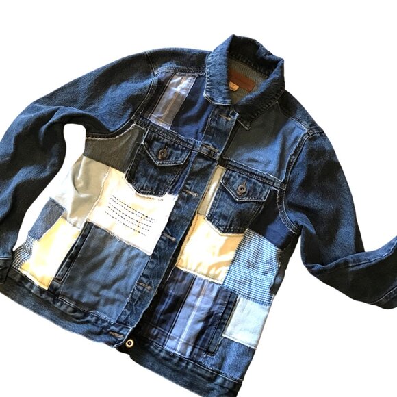 Upcycled Denim Patch Jacket: Lake Life Theme Patchwork Jean Coat, Women’s Large - Picture 10 of 12